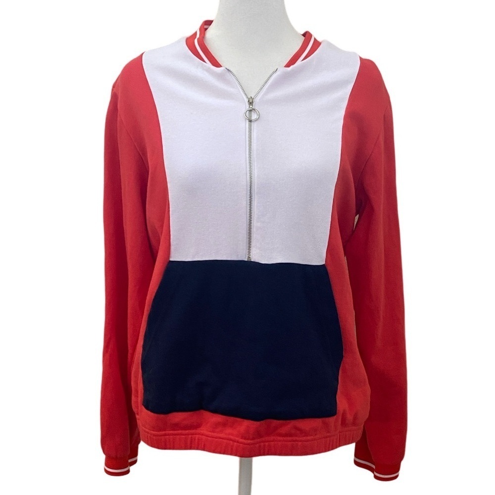 VENUS Red, Blue and White Striped Top. 1/4 Zip Pullover. Size M. Elastic Waist.